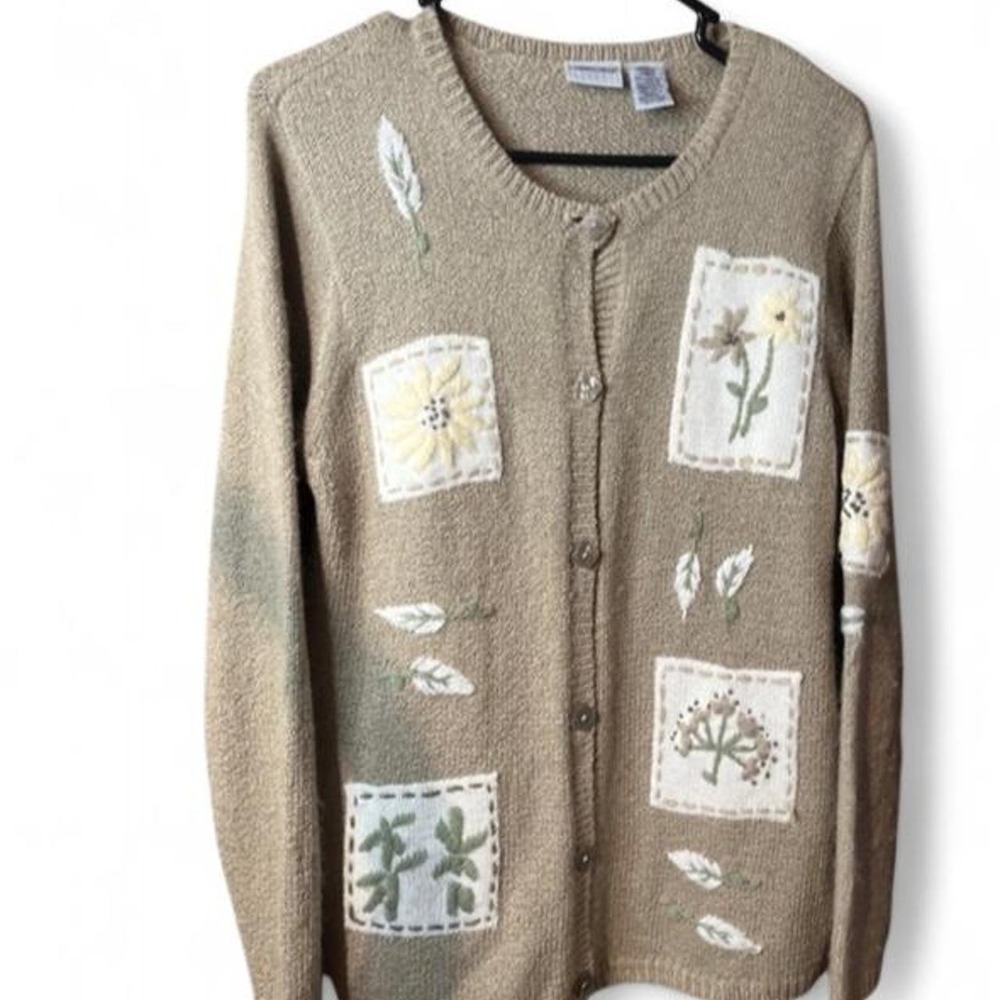 Cabin Creek Vintage Cottagecore Floral Patchwork Knit Cardigan Sweater Beige S
